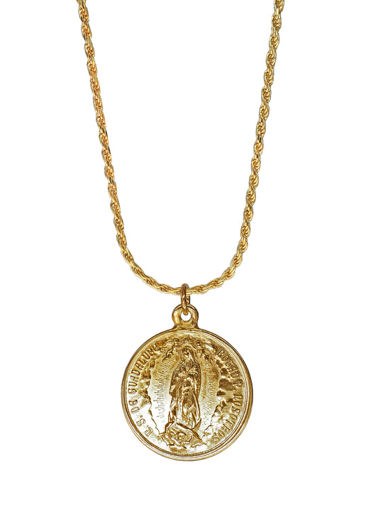 Our Lady of Guadalupe Necklace, gender neutral, gold plated silver, from Mexico. 