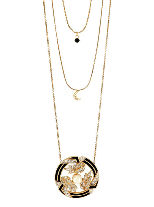 Three layered Gold plated Necklace, it features a beautiful Vintage Pearl and Black Enamel pendant from France, a dainty Crescent Moon both incrusted with tiny Rhinestones and a small Black Quartz.