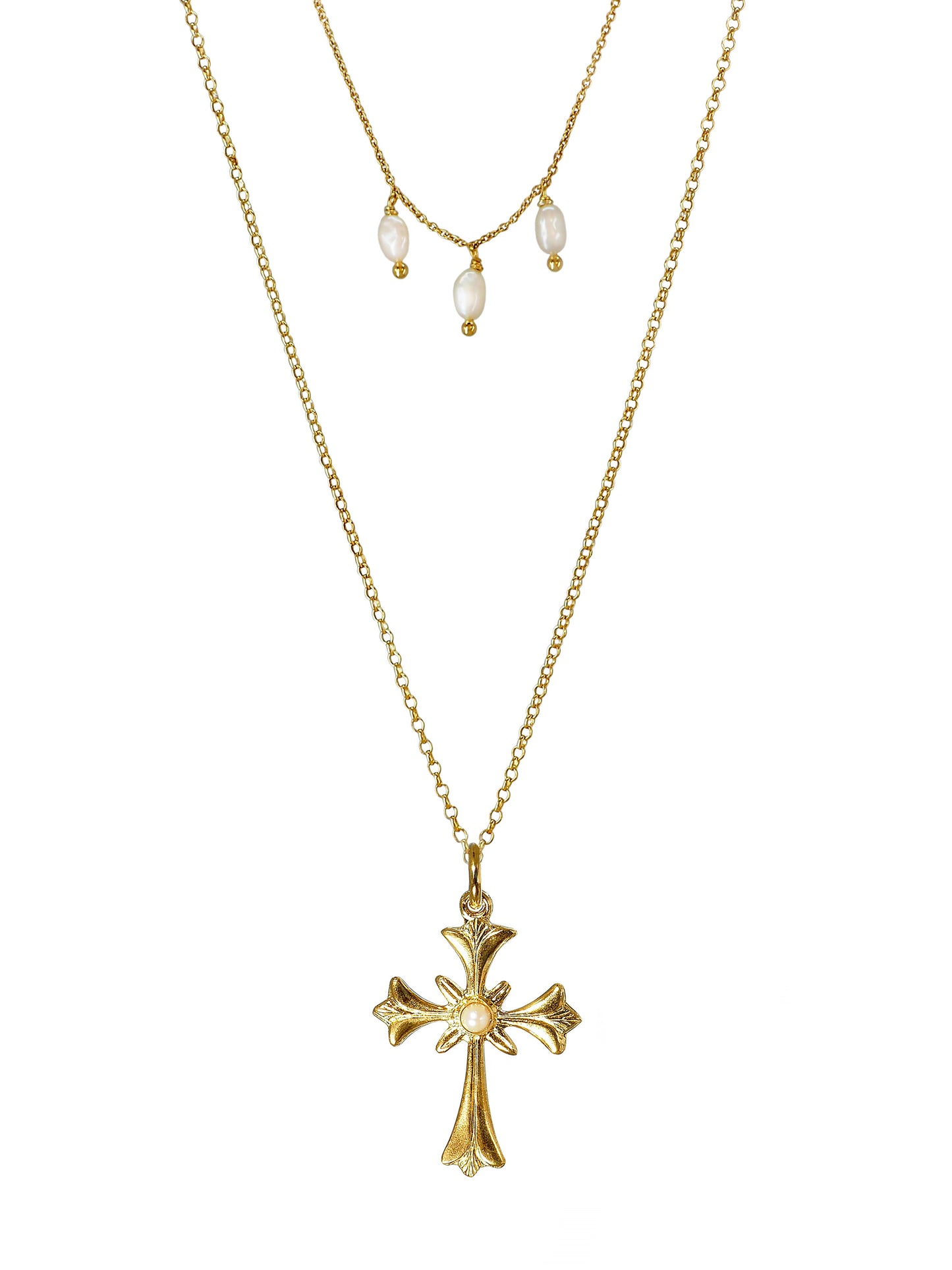 Cross necklace in Gold plated Silver, featuring japanese and baroque pearls