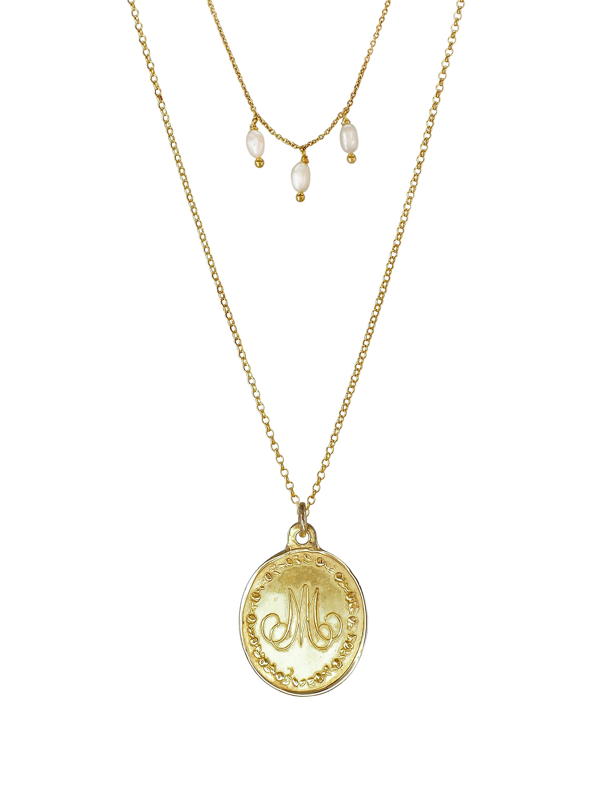 doble layered St Joseph Necklace, M.A Engraved on the other side. Gold plated Sterling Silver and Freshwater pearls
