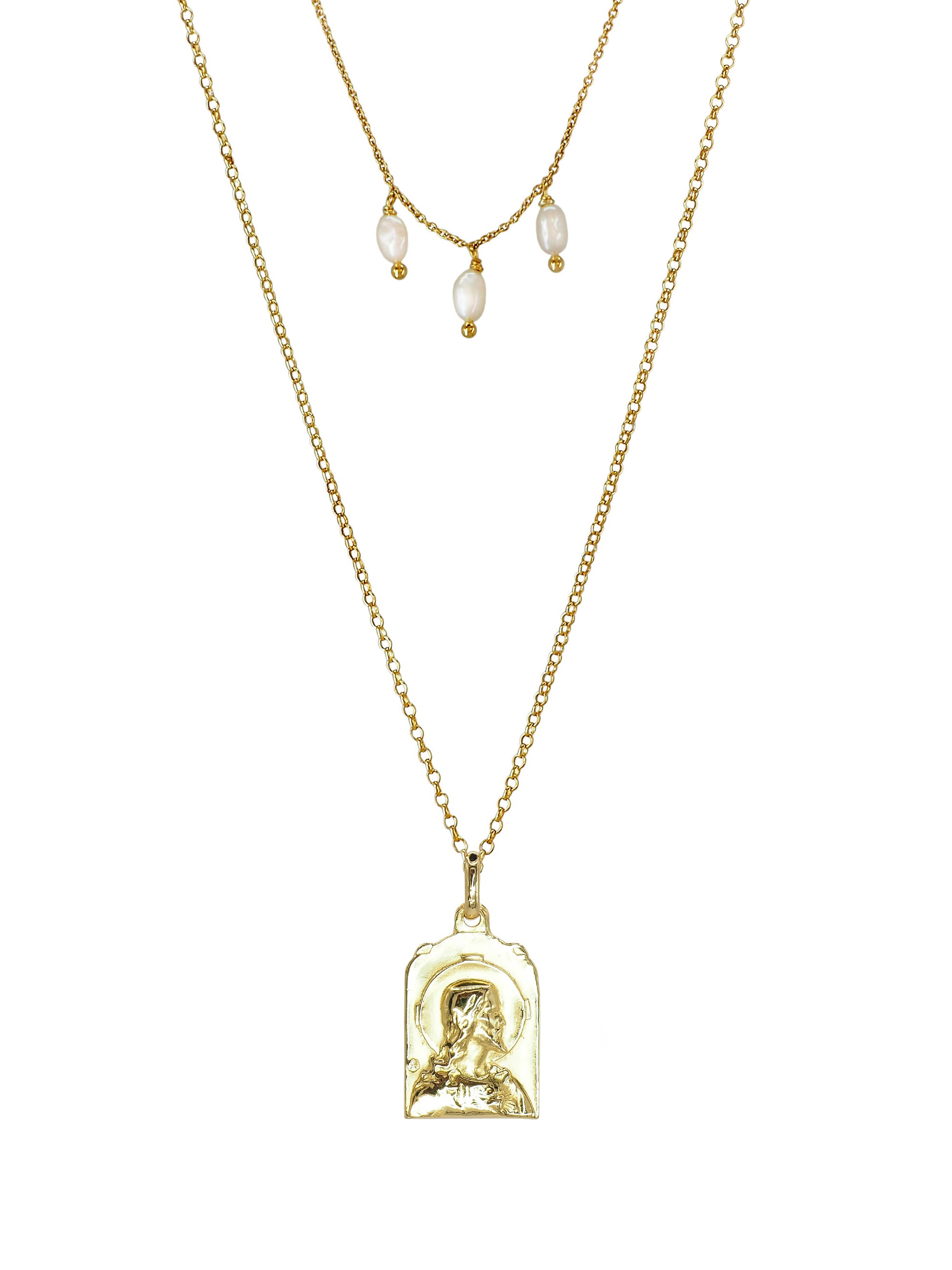 Holy Carmen Necklace. Gold plated Sterling Silver. Freshwater pearls. One of a Kind.