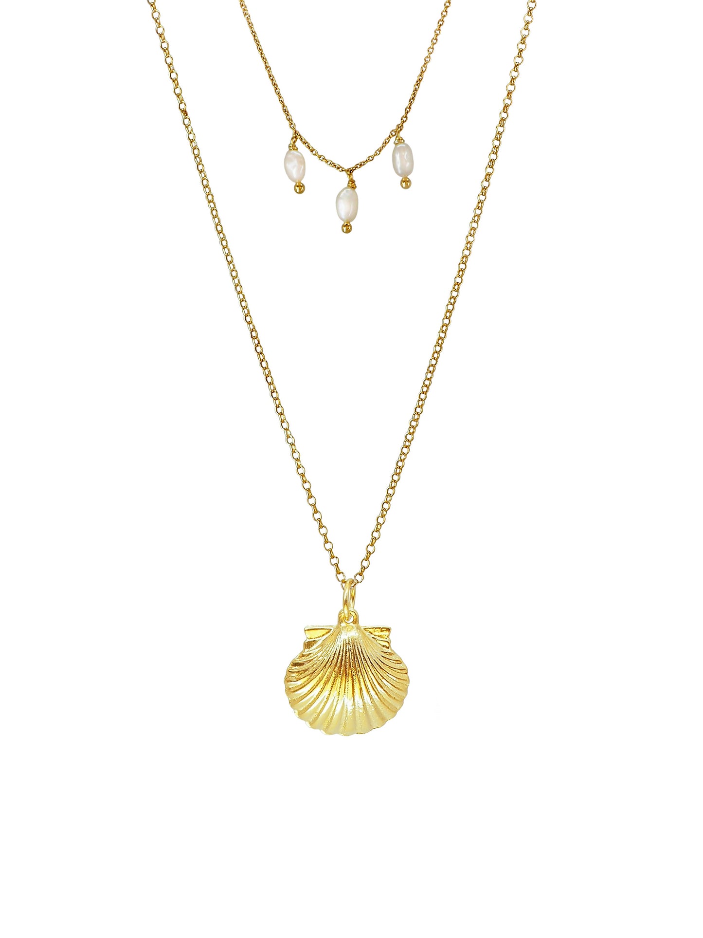 Vintage Shell Santiago Necklace, gold plated Sterling Silver, freshwater pearls, handmade in Mallorca.