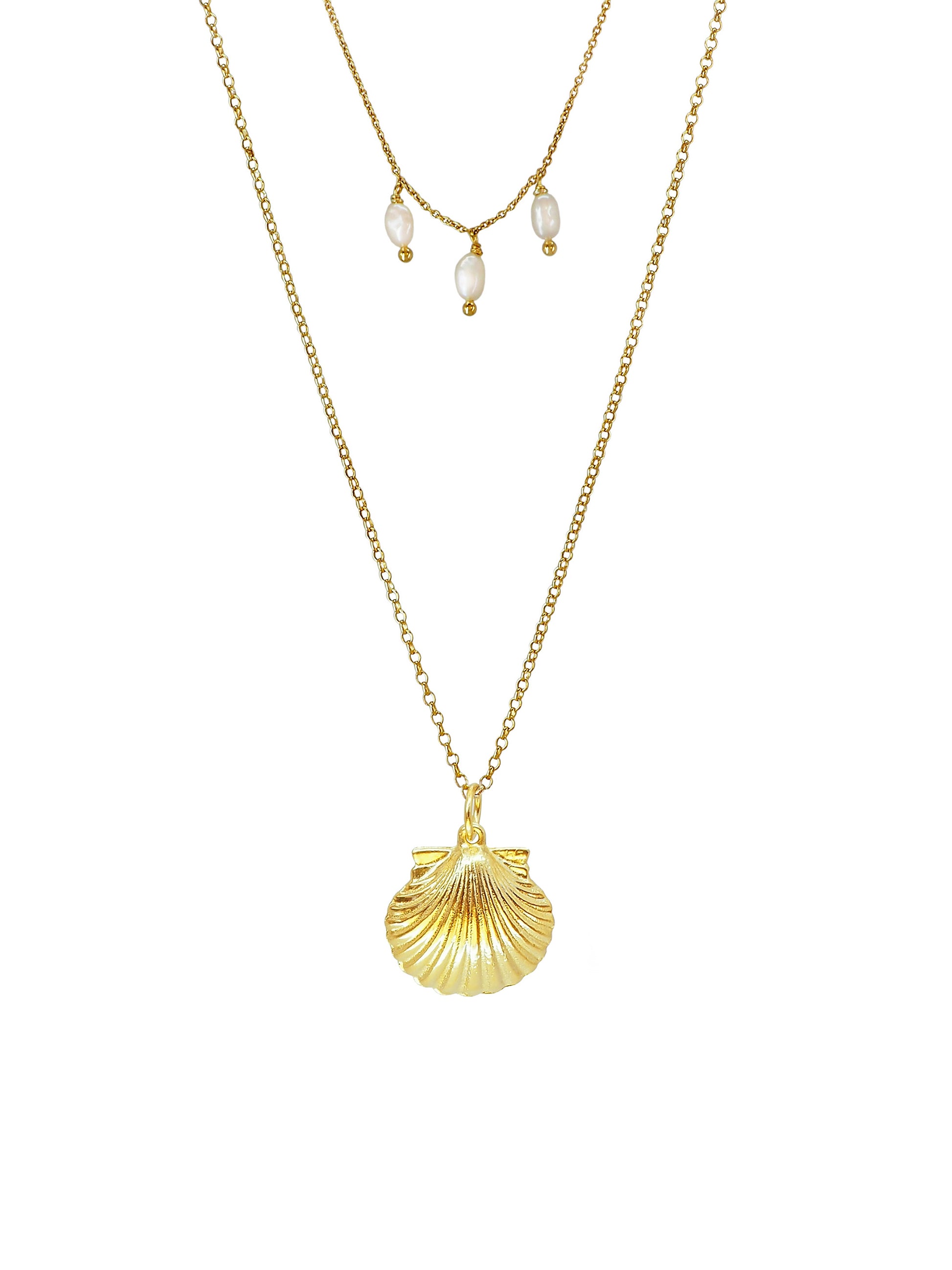 Vintage Shell Santiago Necklace, gold plated Sterling Silver, freshwater pearls, handmade in Mallorca.