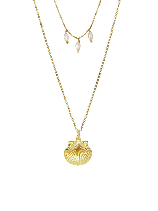 Vintage Shell Santiago Necklace, gold plated Sterling Silver, freshwater pearls, handmade in Mallorca.