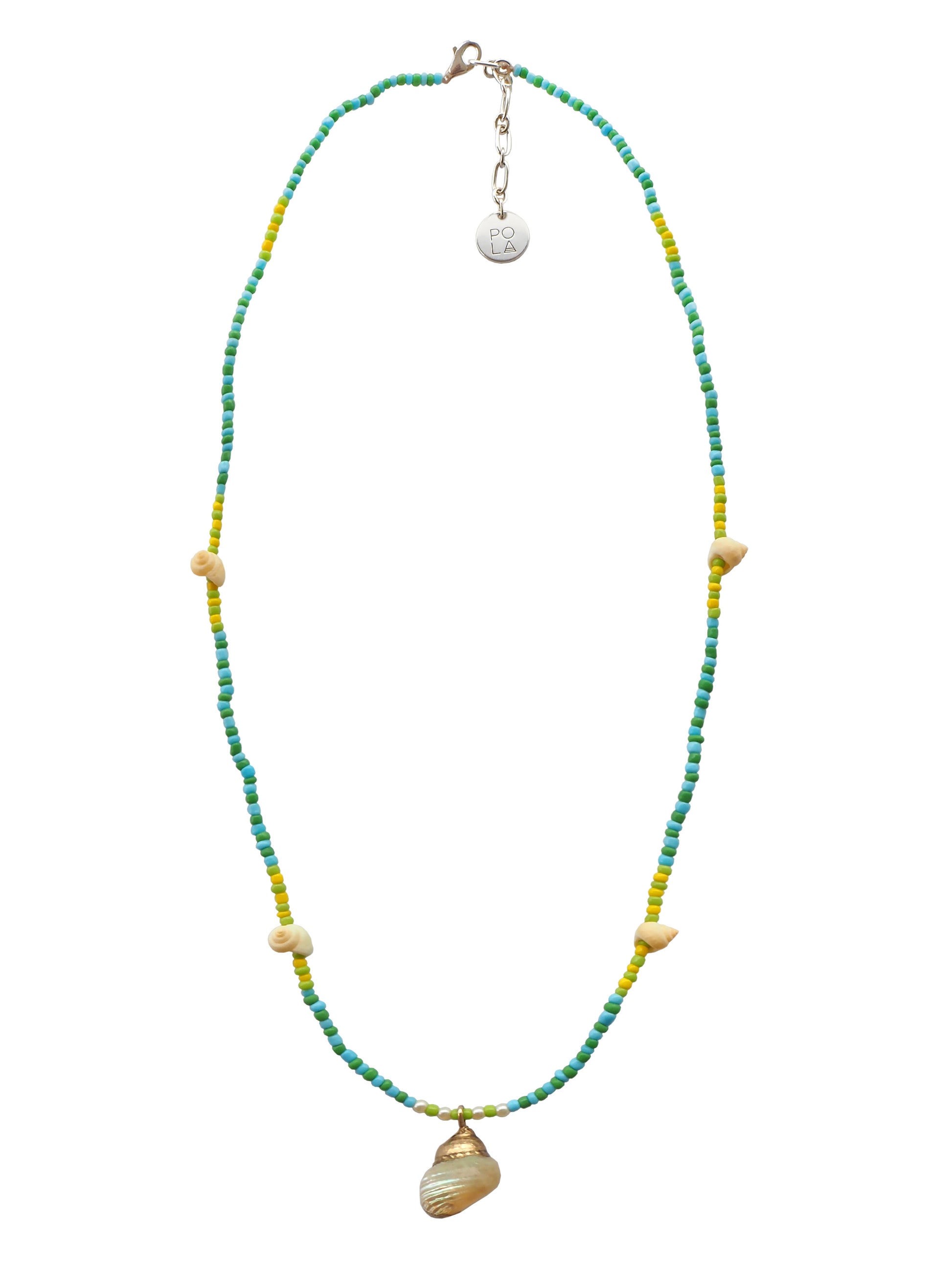 Delicately crafted, this one-string beaded necklace features a stunning antique iridiscent Turbo Shell. Historically known to bring good fortune, sucess, and wealth. 