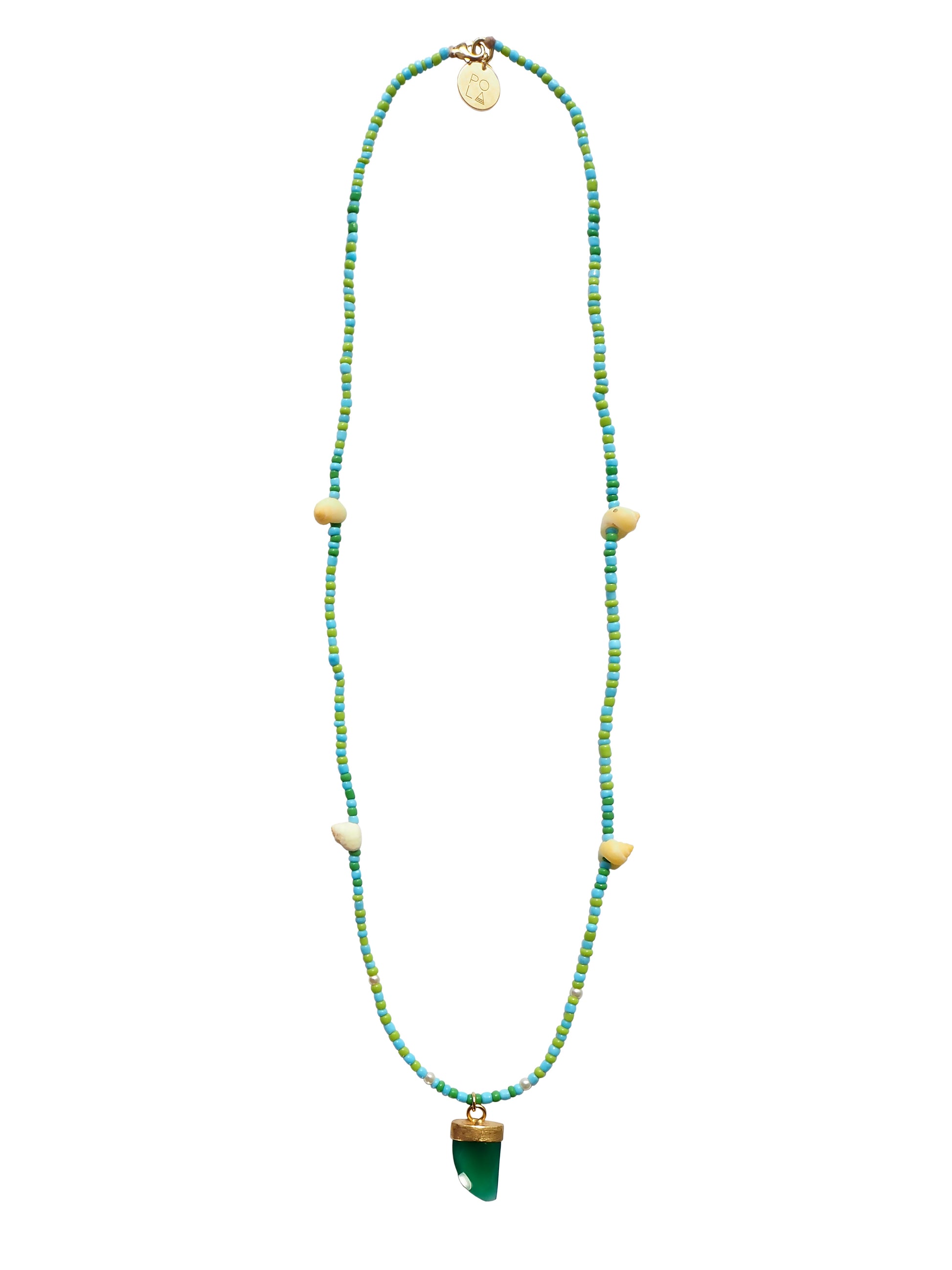 one-string beaded necklace featuring a stunning antique green Agate Crystal set in gold-plated sterling silver, seashells from French Polynesia. Gender Neutral.