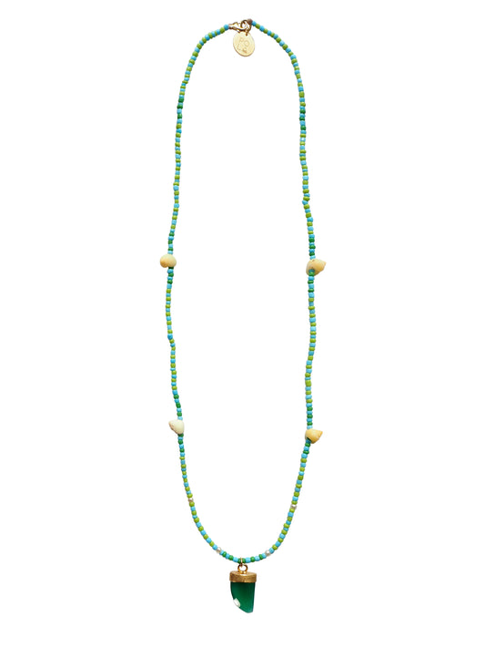 one-string beaded necklace featuring a stunning antique green Agate Crystal set in gold-plated sterling silver, seashells from French Polynesia. Gender Neutral.