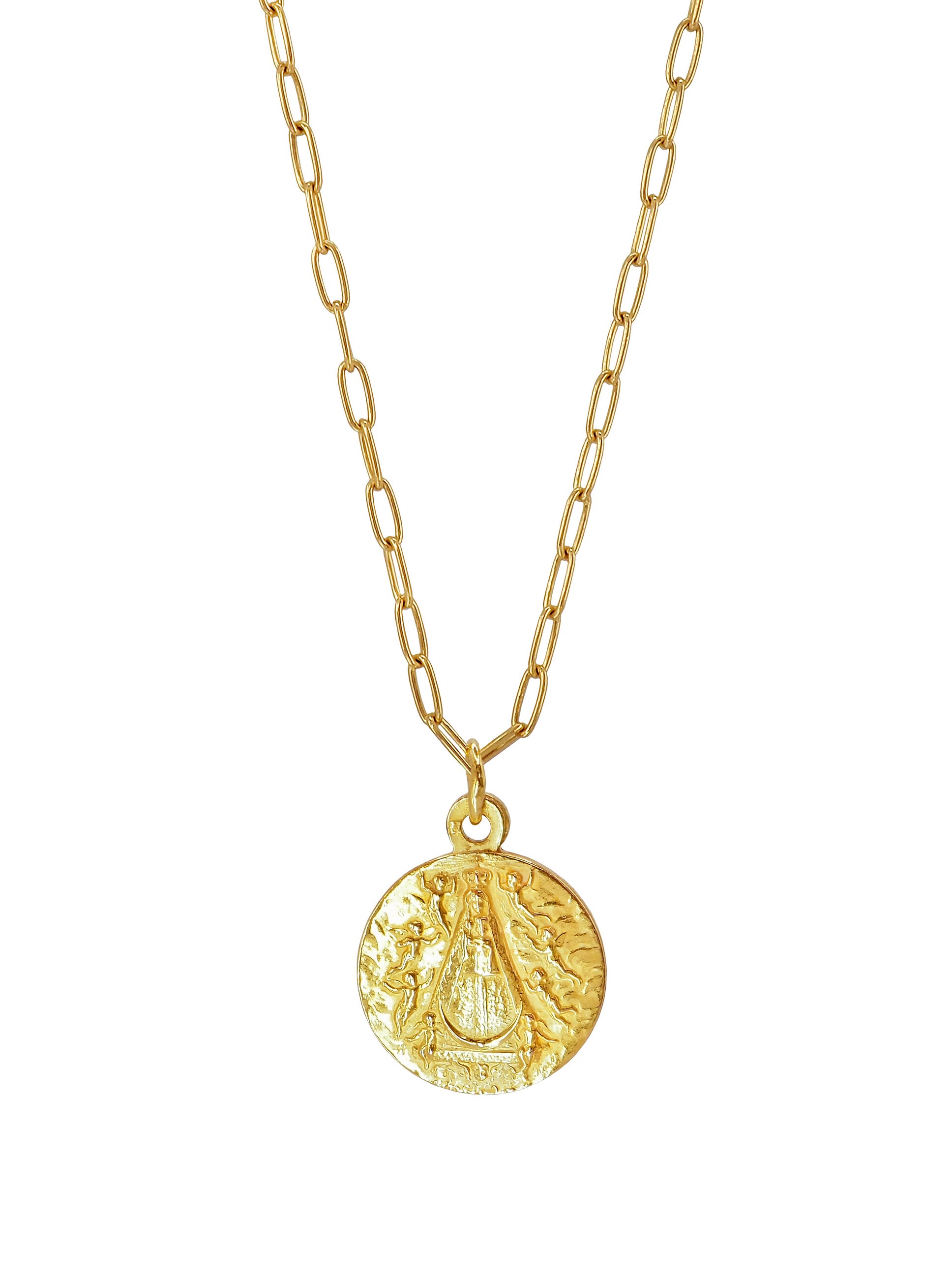 Chain Necklace featuring an antique pendant with an engraved image of a Our Lady of Begoña surronded by little angels. All the Metalwork is made of gold plated Sterling Silver, 