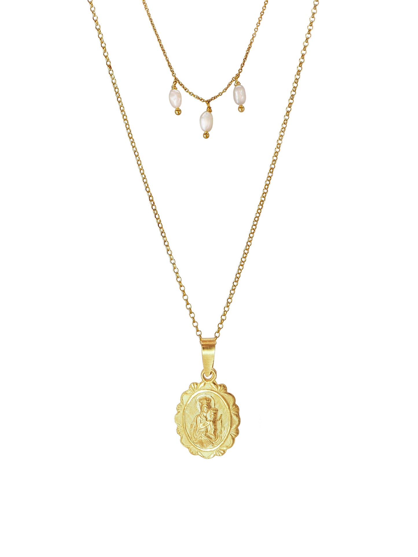 Double-chain necklace featuring an antique pendant engraved with the image of Our Lady of Carmen, the revered patroness saint of sailors. Three Baroque Pearls complete this set perfectly. All the Metalwork is made of Gold plated Sterling Silver