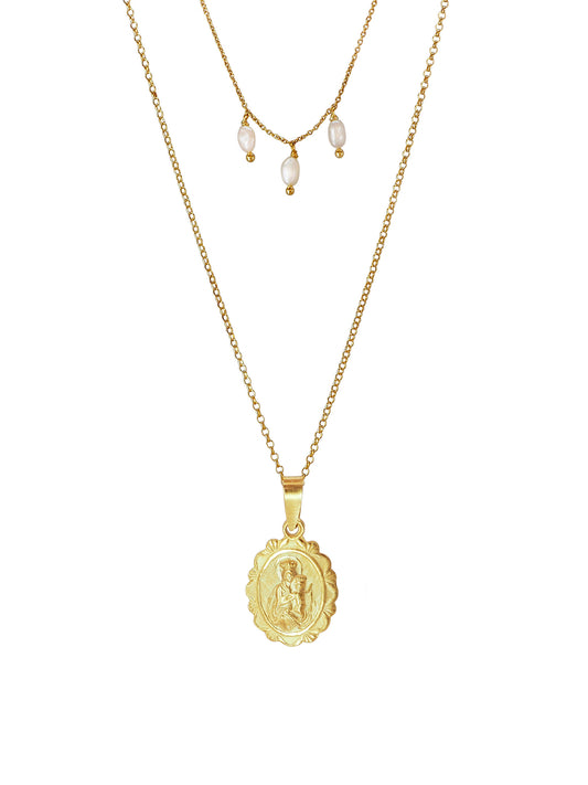 Double-chain necklace featuring an antique pendant engraved with the image of Our Lady of Carmen, the revered patroness saint of sailors. Three Baroque Pearls complete this set perfectly. All the Metalwork is made of Gold plated Sterling Silver