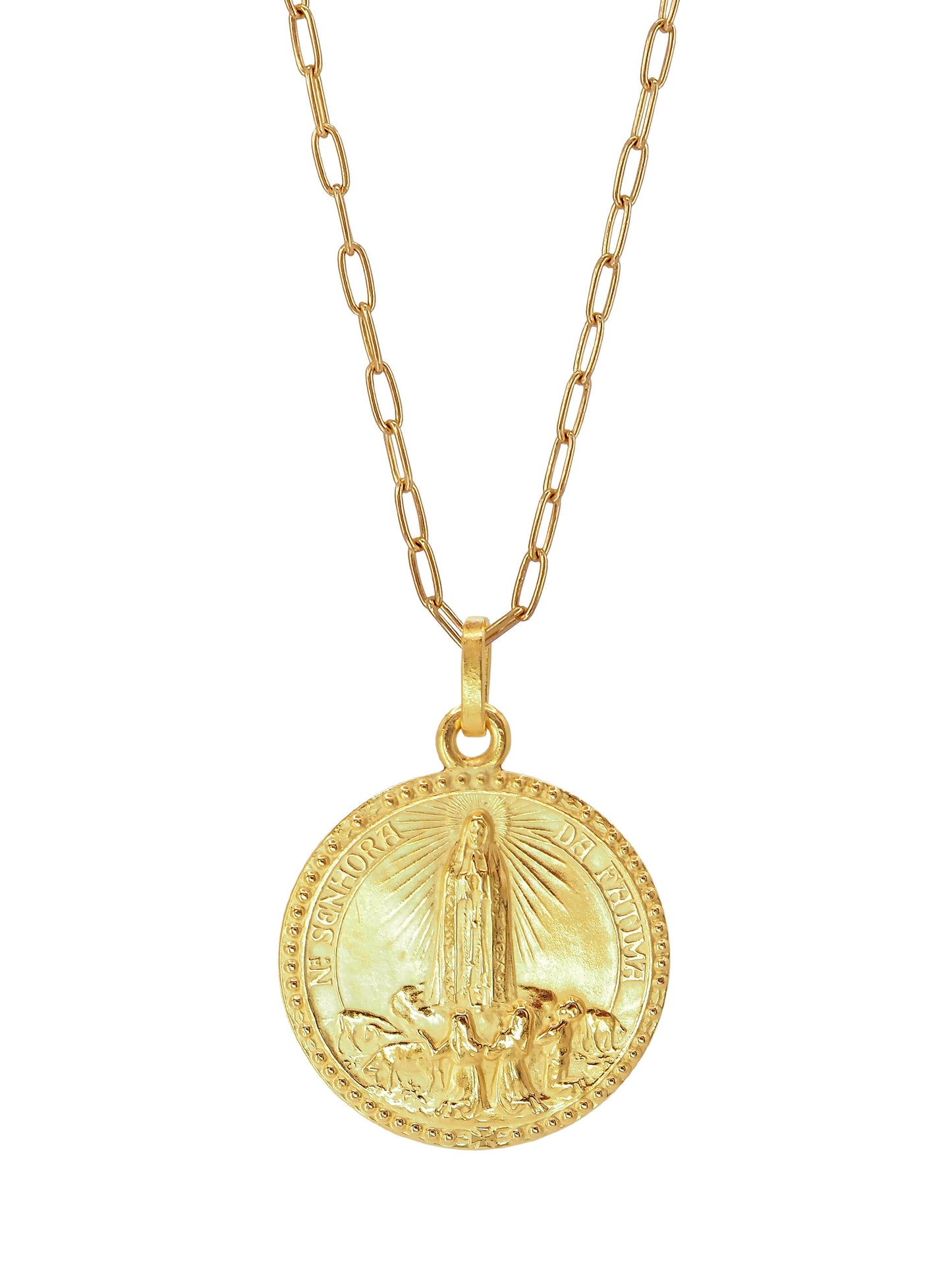 Bold Chain Necklace, showcasing an antique pendant engraved with the image of Our Lady of Fatima, renowned for her powerful protection. On the reverse an image of a Sacred Heart. All the Metalwork is made of Gold Plated Sterling Silver.