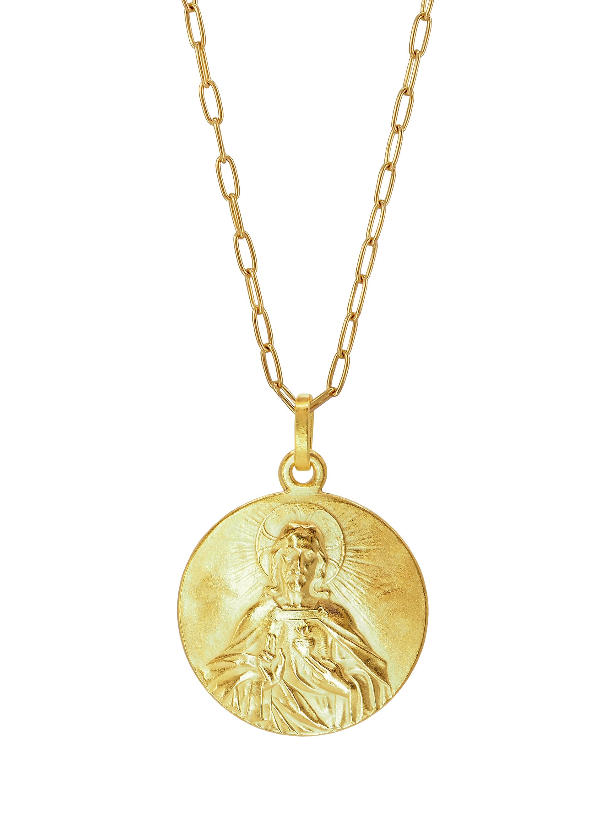 Bold Chain Necklace, showcasing an antique pendant engraved with the image of Our Lady of Fatima, renowned for her powerful protection. On the reverse an image of a Sacred Heart. All the Metalwork is made of Gold Plated Sterling Silver.