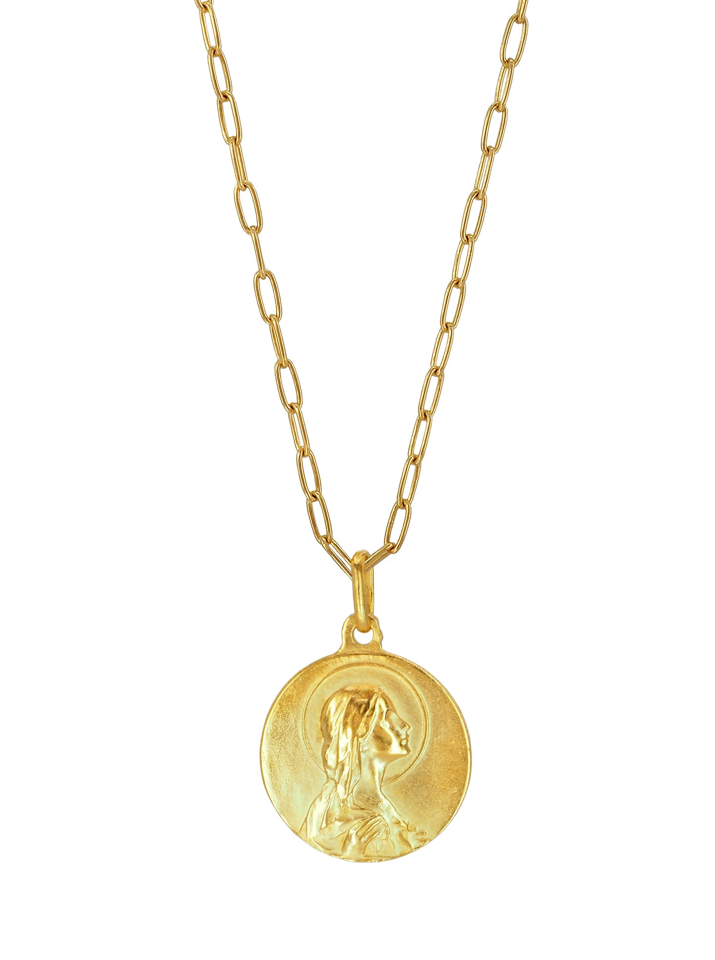 Chain Necklace, showcasing an antique pendant engraved with the image of Our Lady of Lourdes. All the Metalwork is made of Gold plated Sterling Silver