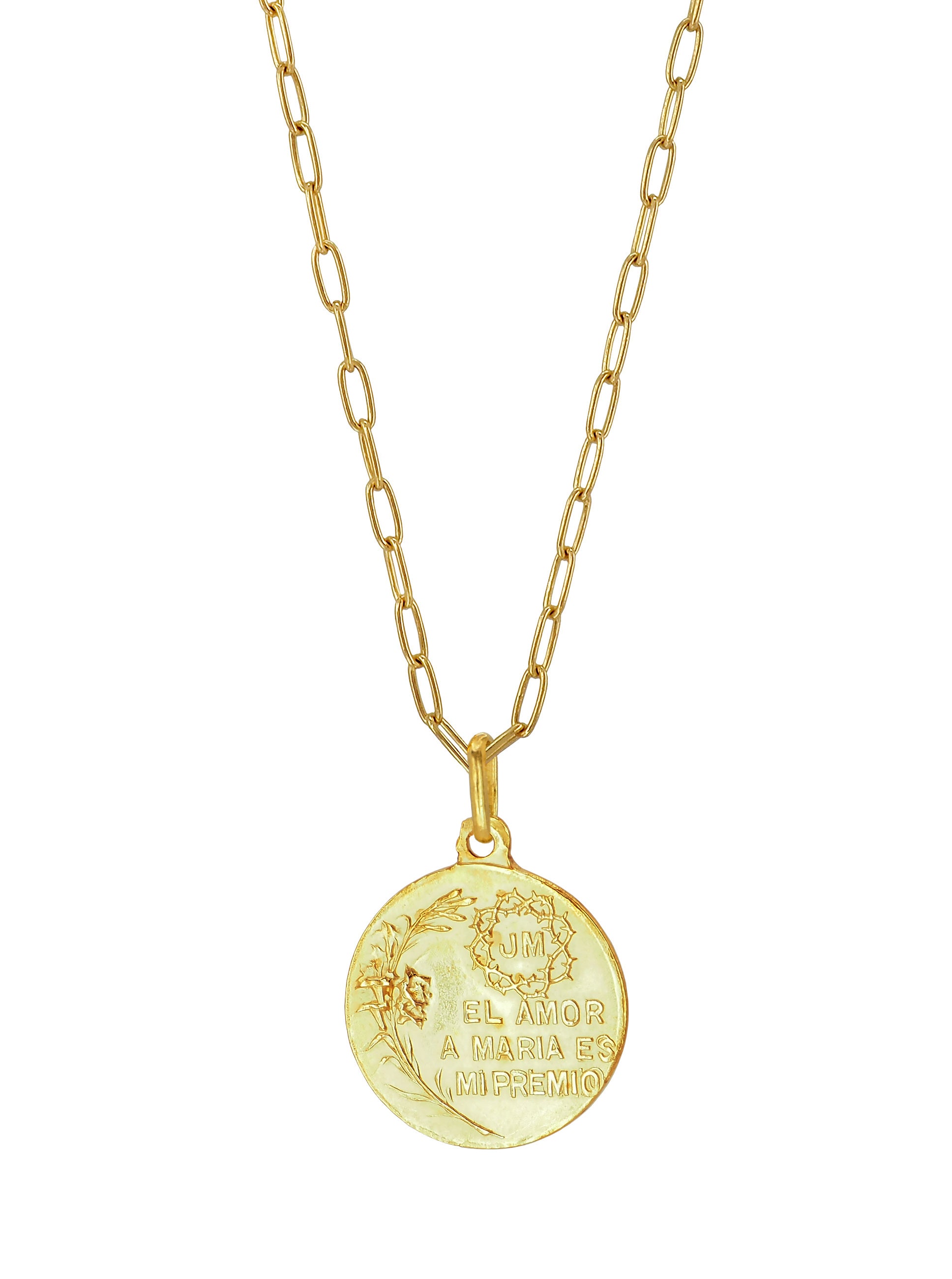 Chain Necklace, showcasing an antique pendant engraved with the image of Our Lady of Lourdes. All the Metalwork is made of Gold plated Sterling Silver