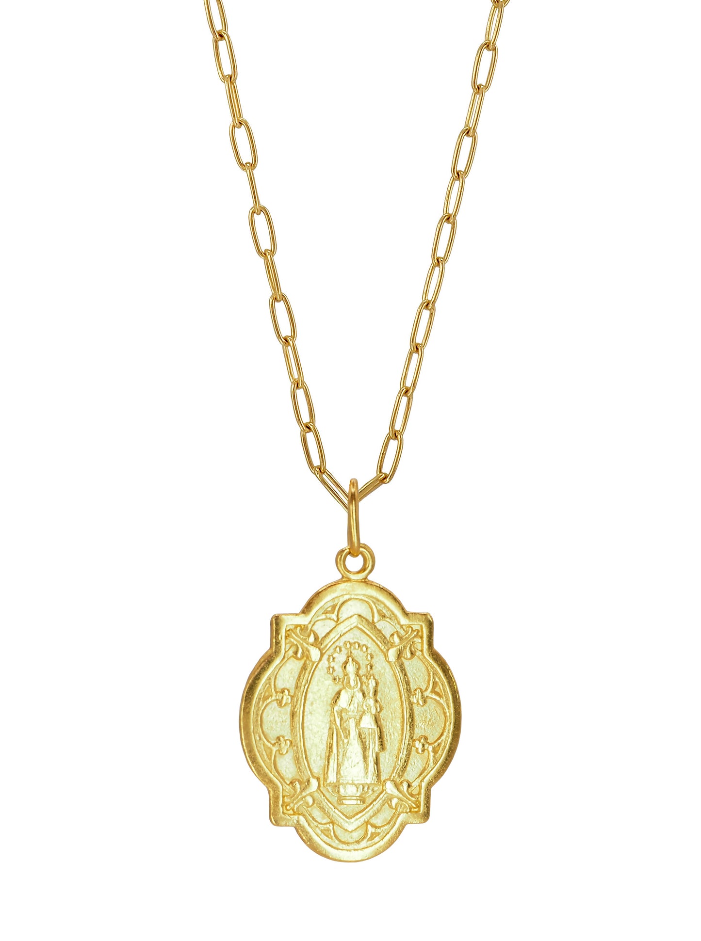 Chain Necklace, showcasing an antique pendant engraved with the image of Our Lady of Good Health. All the Metalwork is made of Gold plated Sterling Silver