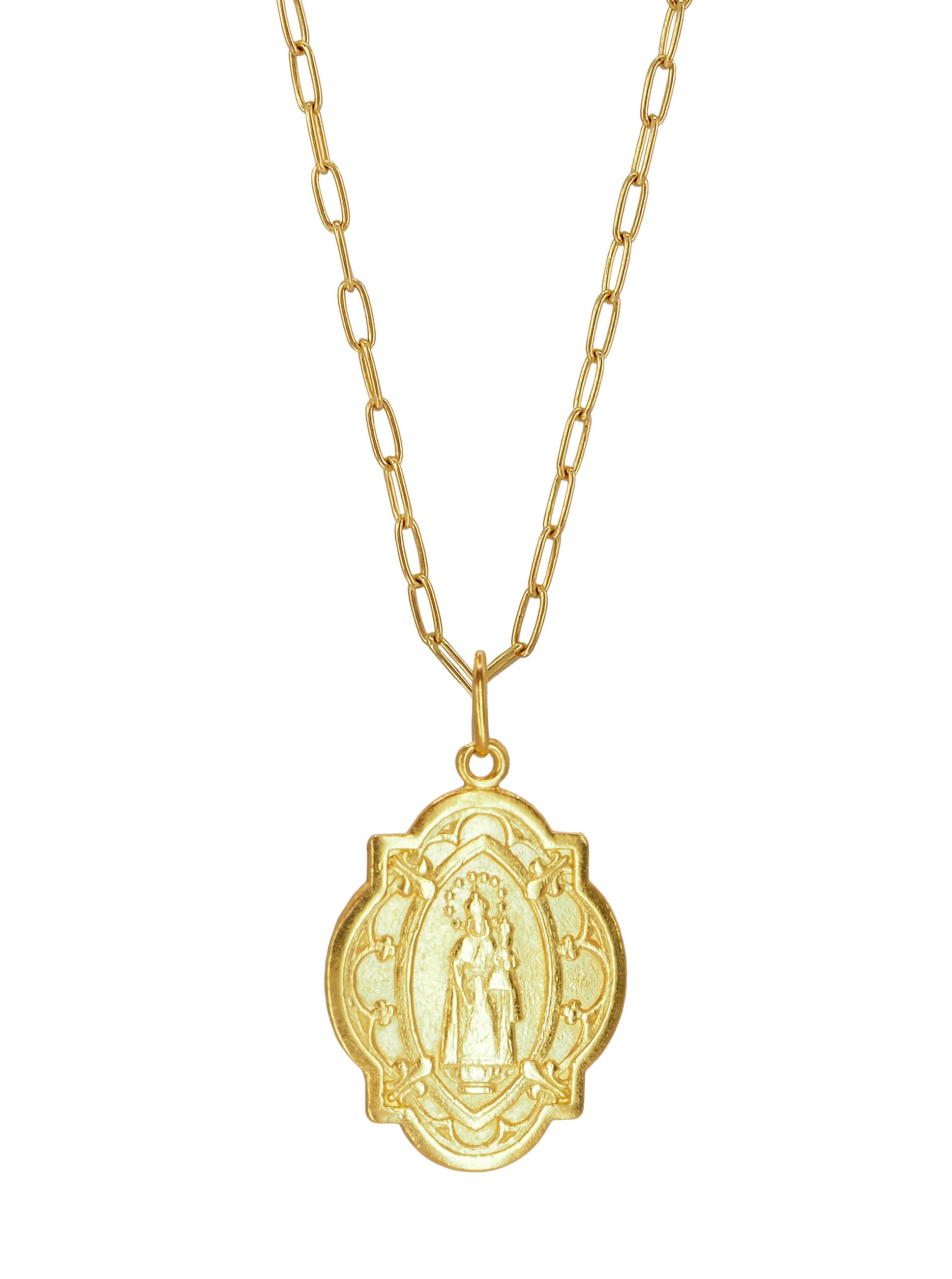 Chain Necklace, showcasing an antique pendant engraved with the image of Our Lady of Good Health. All the Metalwork is made of Gold plated Sterling Silver