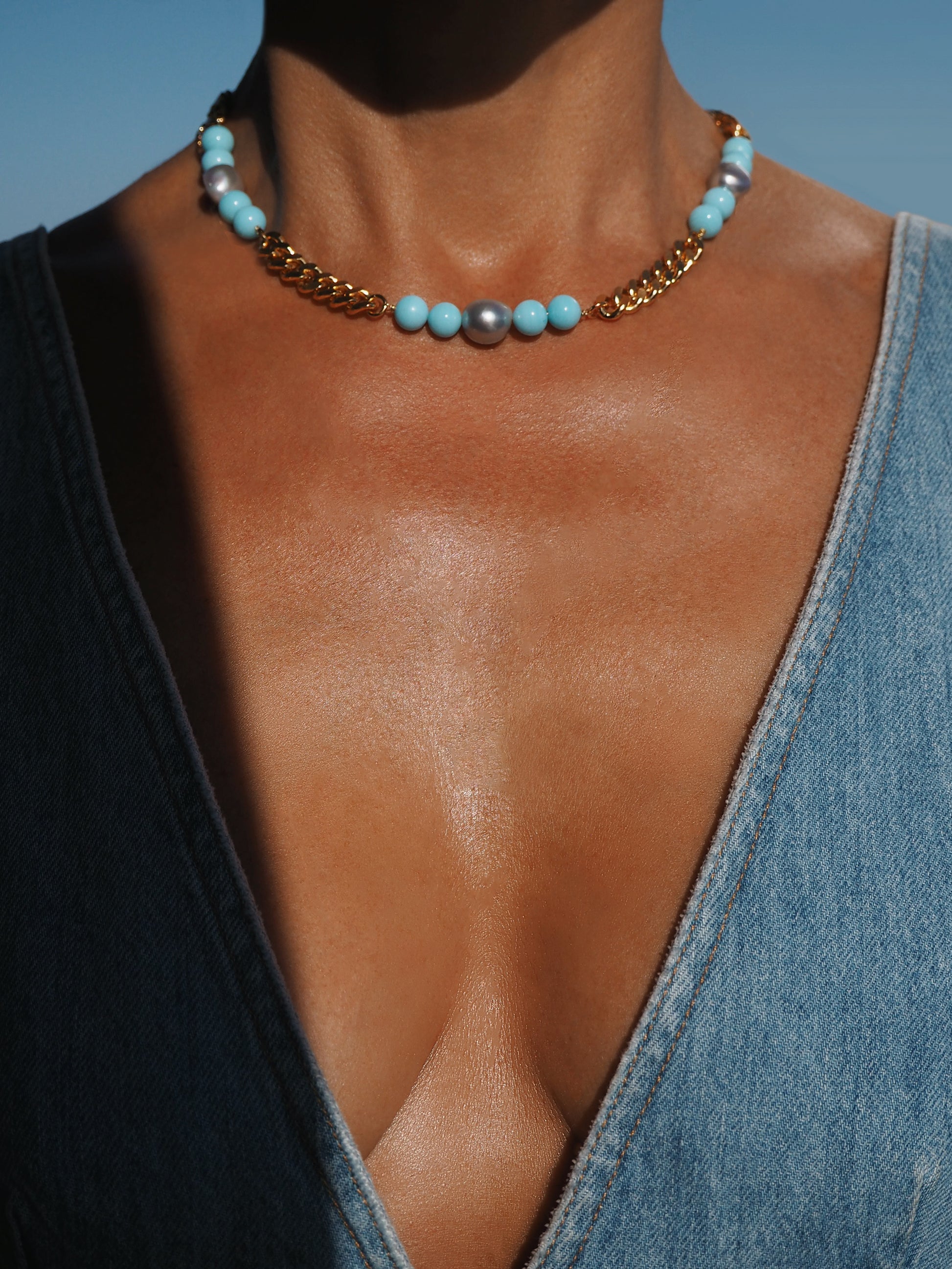 Chunky Choker featuring vintage glass beads and Baroque Pearls. Gold plated Brass