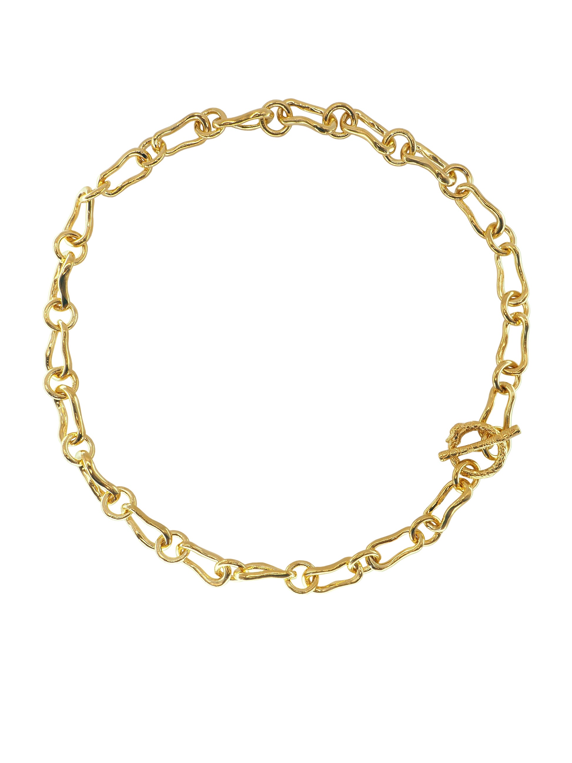 Ouroboros T-Bar Chain Necklace tells a story of Eternal Love and Infinite Power, symbolized by the mythic Ouroboros. Gender Neutral. Gold plated.