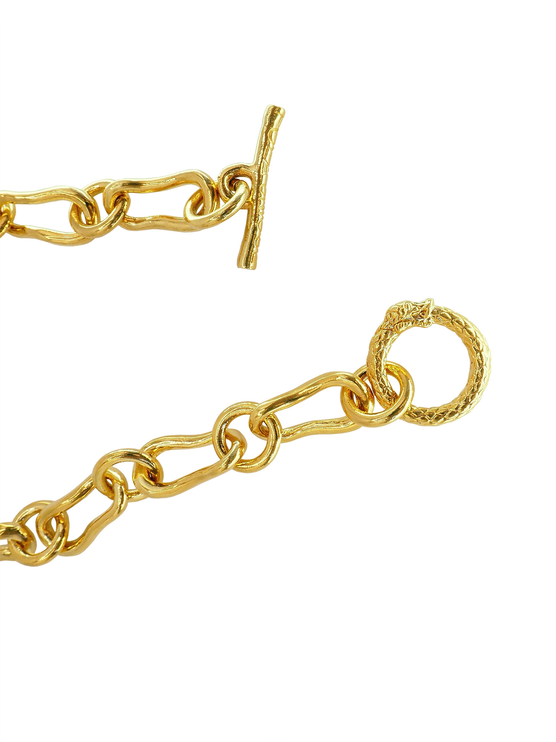 Ouroboros T-Bar Chain Necklace tells a story of Eternal Love and Infinite Power, symbolized by the mythic Ouroboros. Gender Neutral. Gold plated.