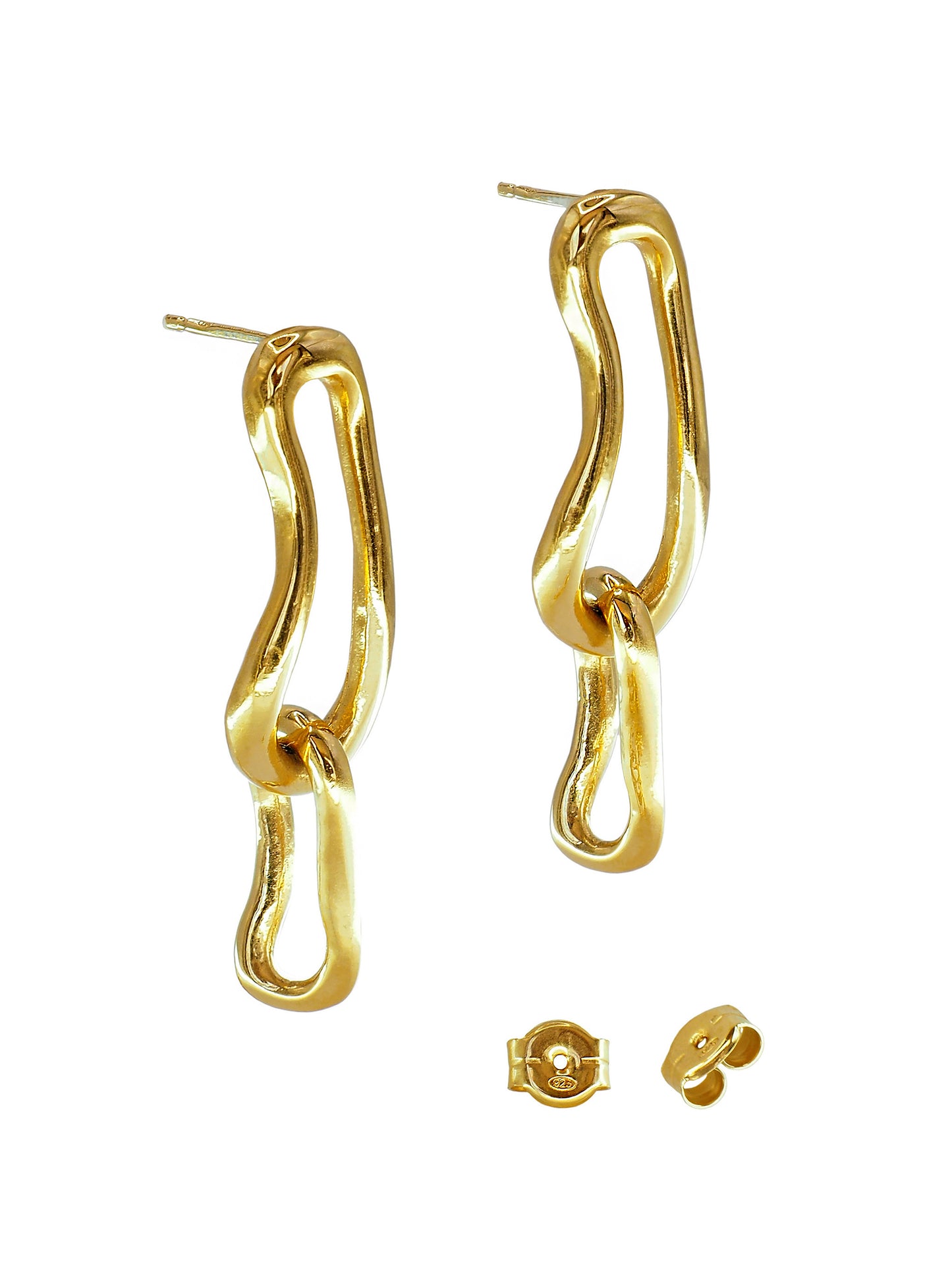 Eternity Drop Hoop Earrings. These elongated double-link earrings, crafted from a hand-forged chain by Pola, boast an organic shape that adds depth and sophistication to any look. Gold plated Sterling Silver