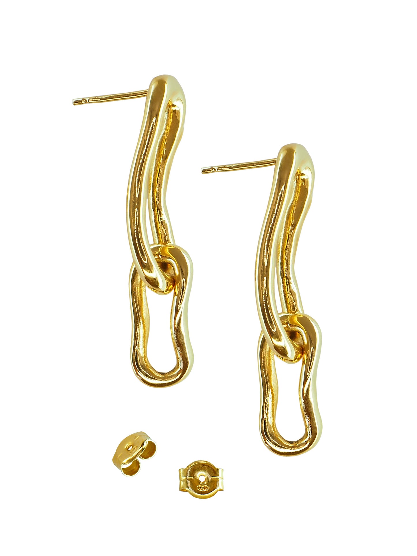 Eternity Drop Hoop Earrings. These elongated double-link earrings, crafted from a hand-forged chain by Pola, boast an organic shape that adds depth and sophistication to any look. Gold plated Sterling Silver