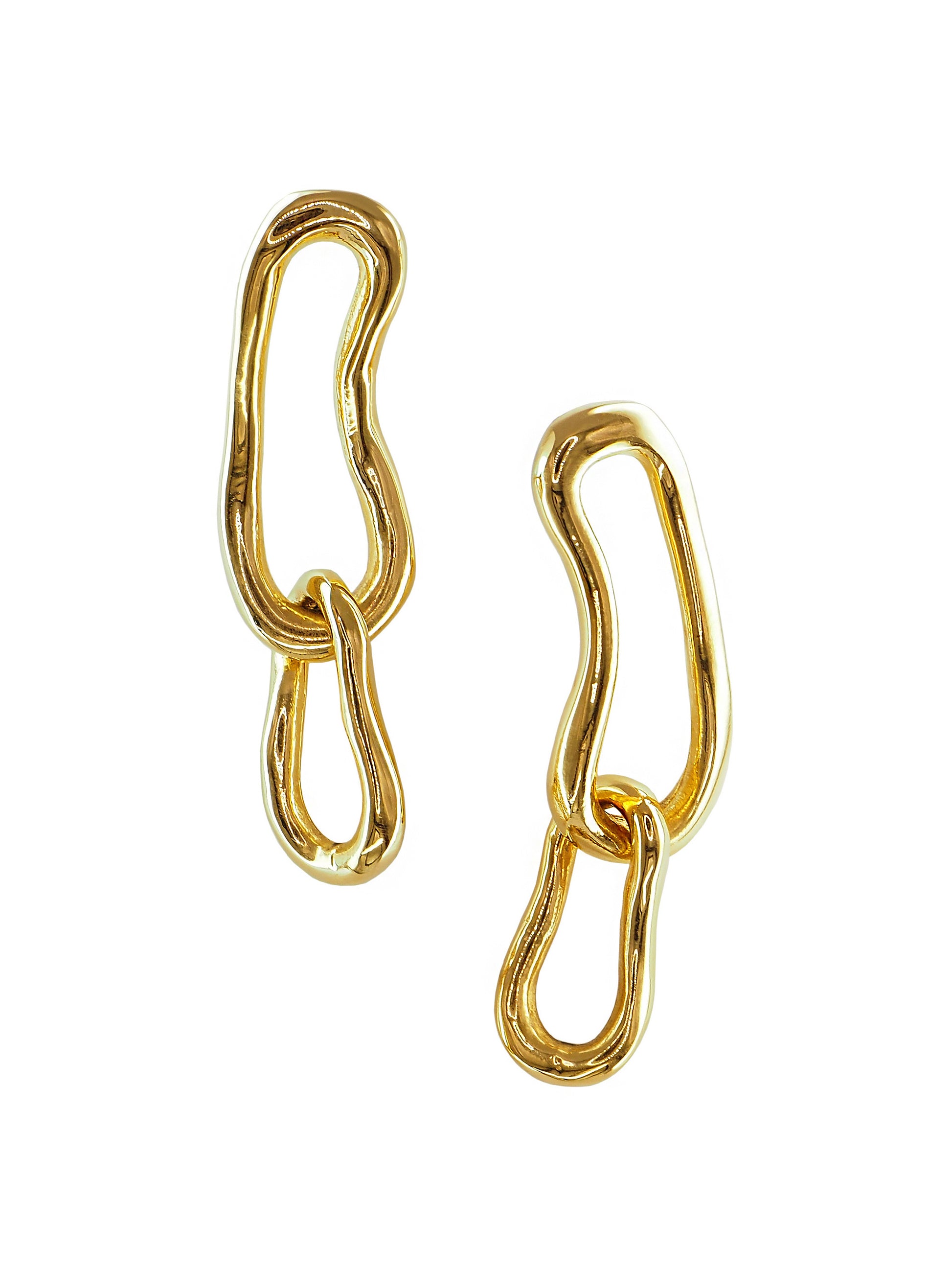 Eternity Drop Hoop Earrings. These elongated double-link earrings, crafted from a hand-forged chain by Pola, boast an organic shape that adds depth and sophistication to any look. Gold plated Sterling Silver