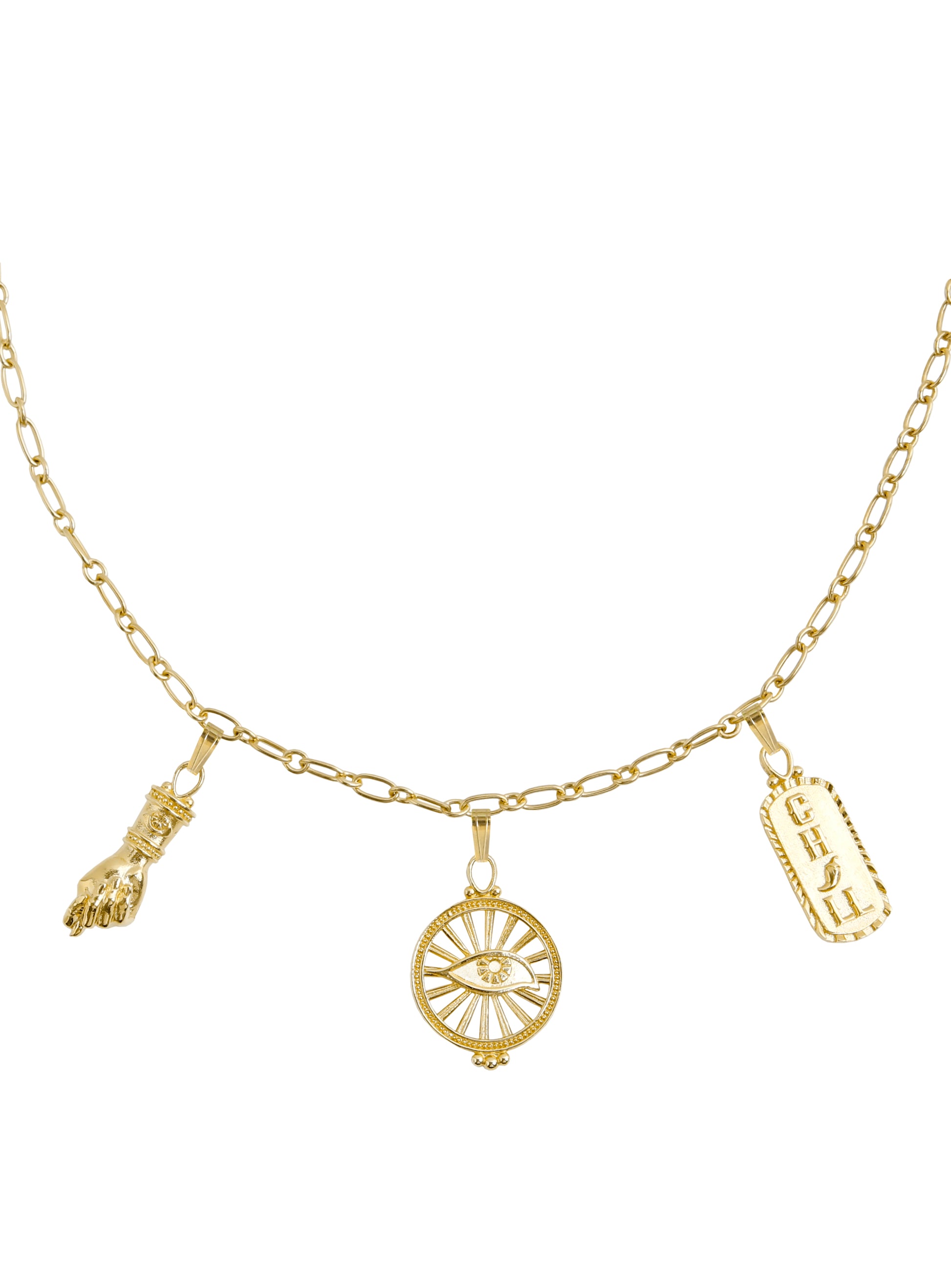 Talisman Necklace, Featuring three powerful talismans. Gold plated Silver. Gender Neutral
