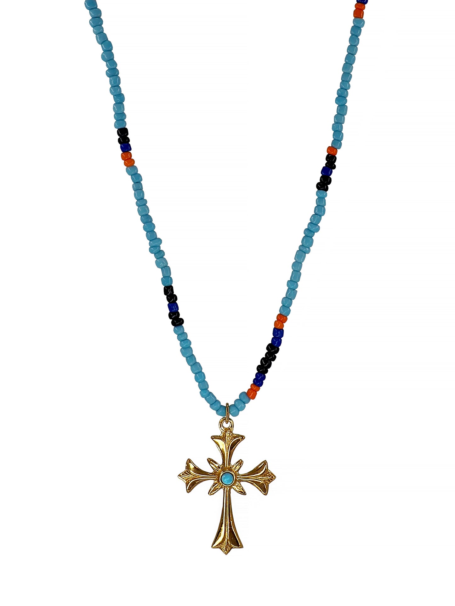 Dainty Antique Gold Plated Cross and Turquoise Beaded Necklace