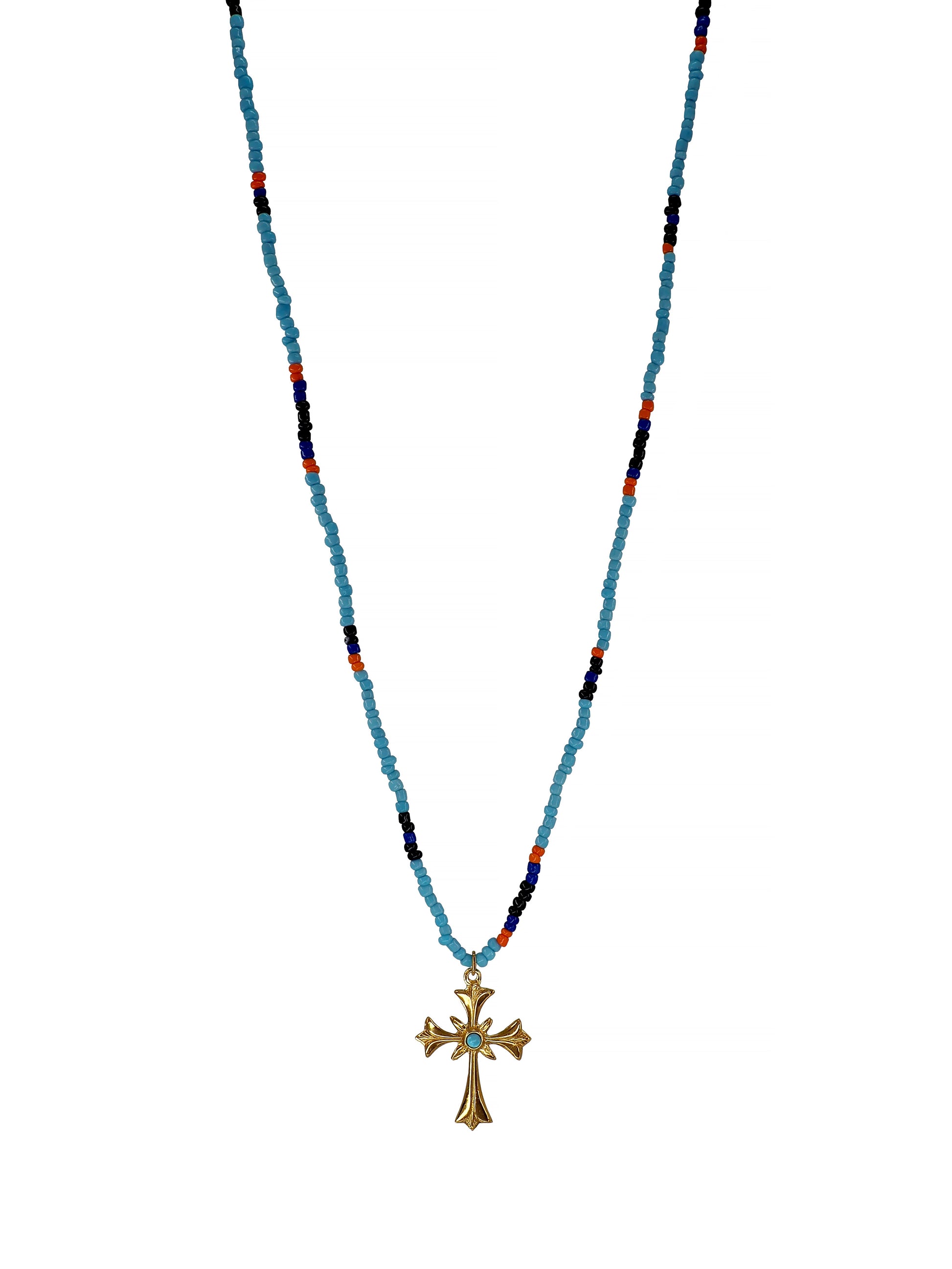 Dainty Antique Gold Plated Cross and Turquoise Beaded Necklace