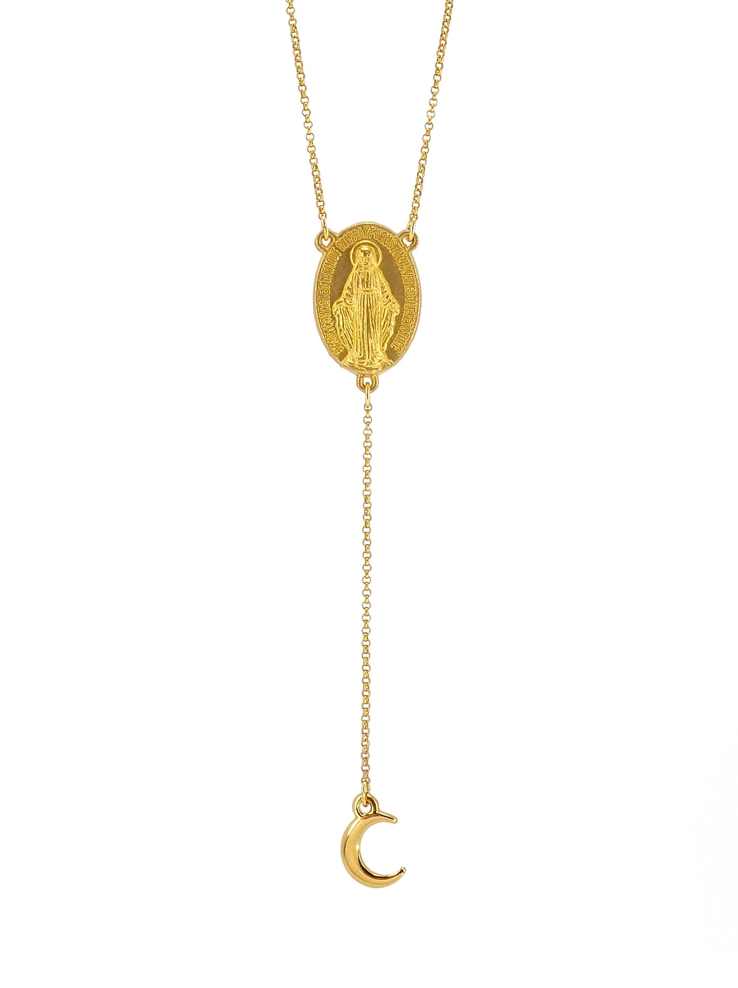 Dainty Gold plated Lariat Necklace featuring a Holy Mary medal and a tiny Crescent Moon pendant.