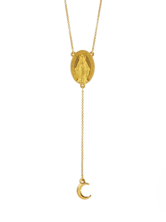 Dainty Gold plated Lariat Necklace featuring a Holy Mary medal and a tiny Crescent Moon pendant.