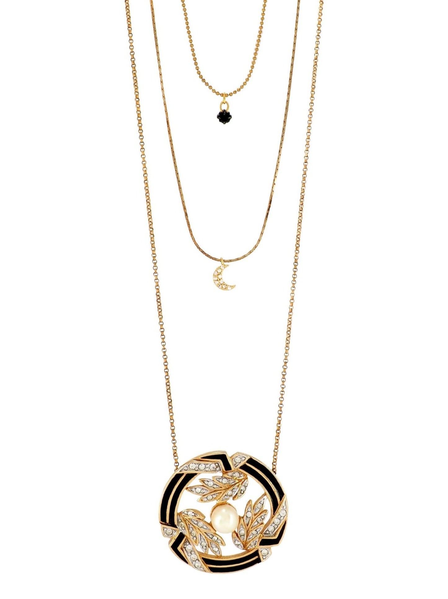 Three layered Gold plated Necklace. Featuring a beautiful vintage Pearl and Black Enamel pendant from France, a dainty Crescent Moon both incrusted with tiny Rhinestones and a small Black Quartz.