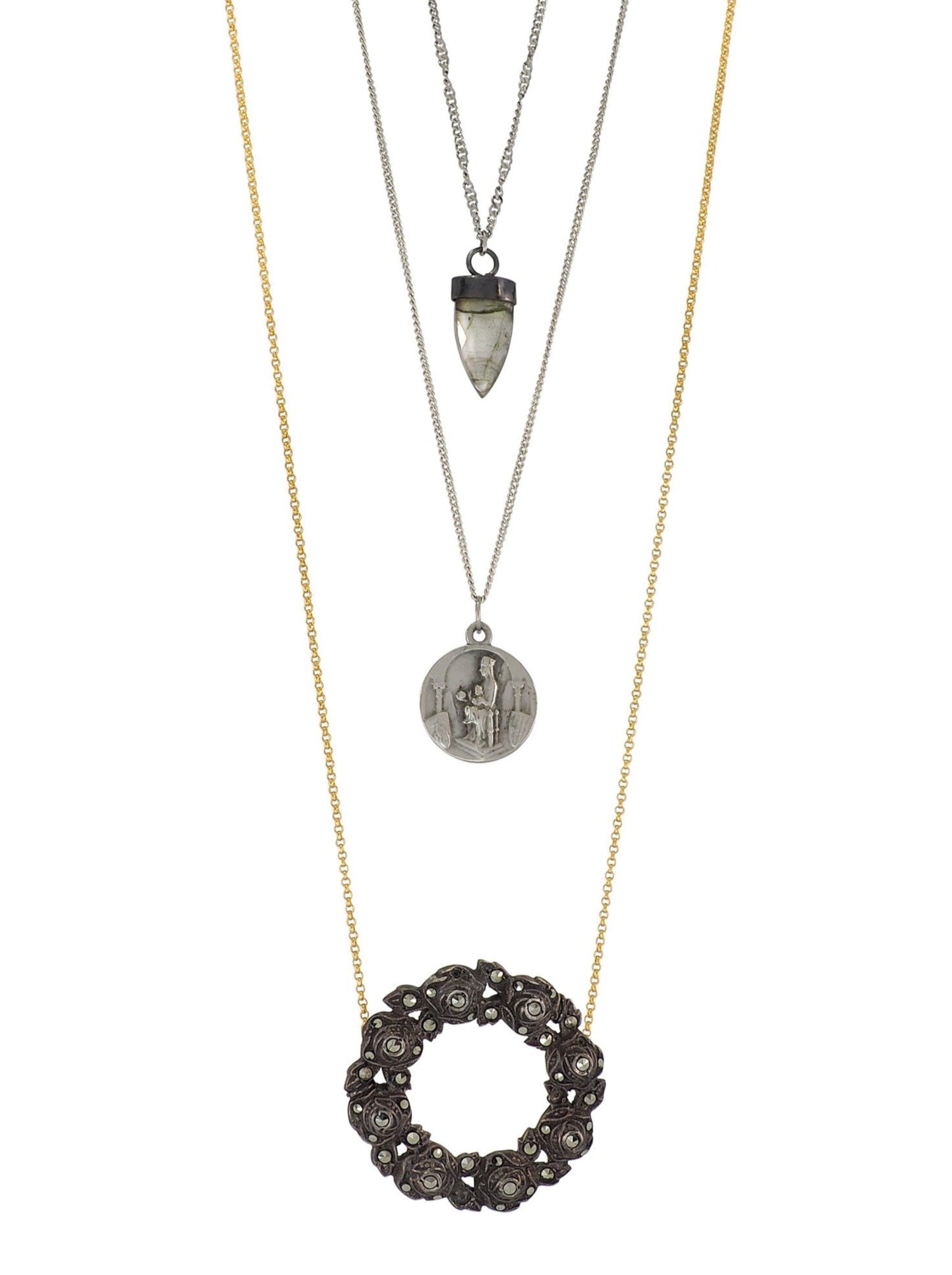 Three layered Gold and Silver plated Necklace feat. a gorgeous Crystal incrusted Antique Roses Lei, an antique holy Montserrat and baby Jesus from Barcelona and a Labradorite Crystal set in Oxidized Silver