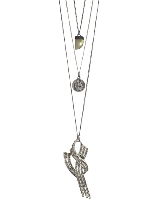 Crystal incrusted Bow pendant, St. Benedict Medal and Labradorite Crystal Necklace
