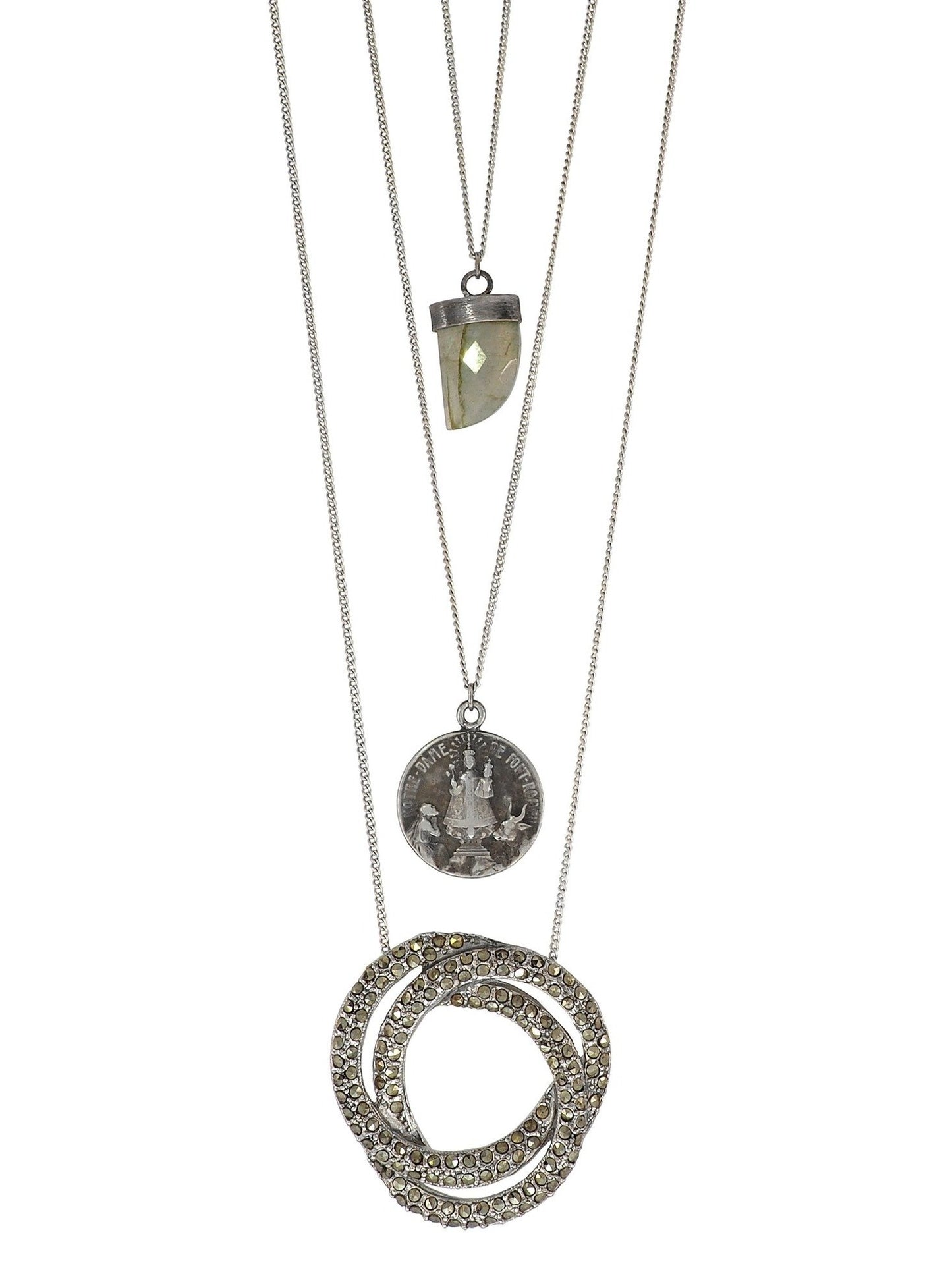 Three layered Silver plated Necklace feat. a gorgeous Crystal incrusted Antique Pendant, an antique holy "Notre Dame de Font Romeu" from France and a Labradorite Crystal set in Oxidized Silver