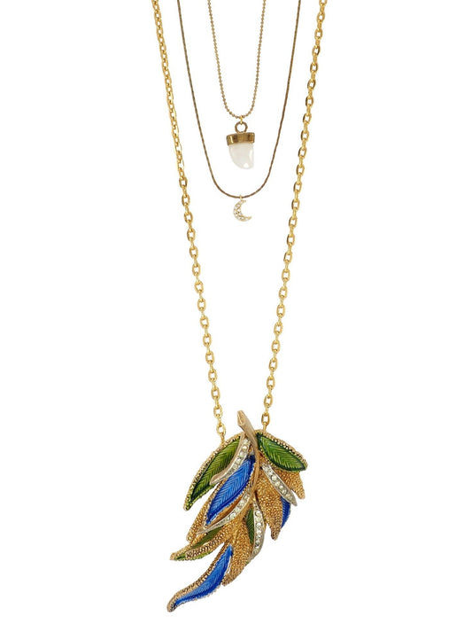 Three layered Gold plated Necklace featuring the most beautiful vintage pendant in the shape of a joyful branch. Some of its leaves are incrusted with tiny Rhinestones, others are painted with vivid blues and greens while the rest are Gold. The pendant can double as a Brooch. It also features a Moonstone set in Gold plated Silver and a dainty Crescent Moon incrusted with tiny diamonds.