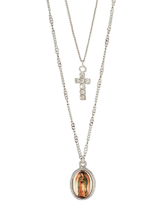 Delicate two layered Silver plated Necklace featuring a Holy Guadalupe medal from Mexico and a dainty Cross incrusted with tiny Rhinestones.