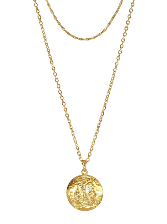 This cool two layered Necklace will help you sense the power of the spirit within the pandemonium of the material world. It features a beautiful antique pendant engraved with an image of The Holy Cross. On its back it reads Bom Jesus do Monte, Braca, an amazing Sanctuary outside the city of Braga, in northern Portugal. The dainty medallion is set on two dainty Brass chains.