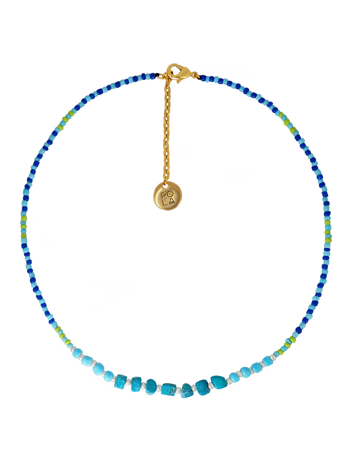 Fun and delicate one String beaded Choker featuring beautiful vintage Turquoises strung evenly along together with some cute faux pearls and glass beads, evocative of the Mediterranean Sea during summer. We have added a Gold plated chain extension so you can wear it also as a short Necklace, Gender Neutral