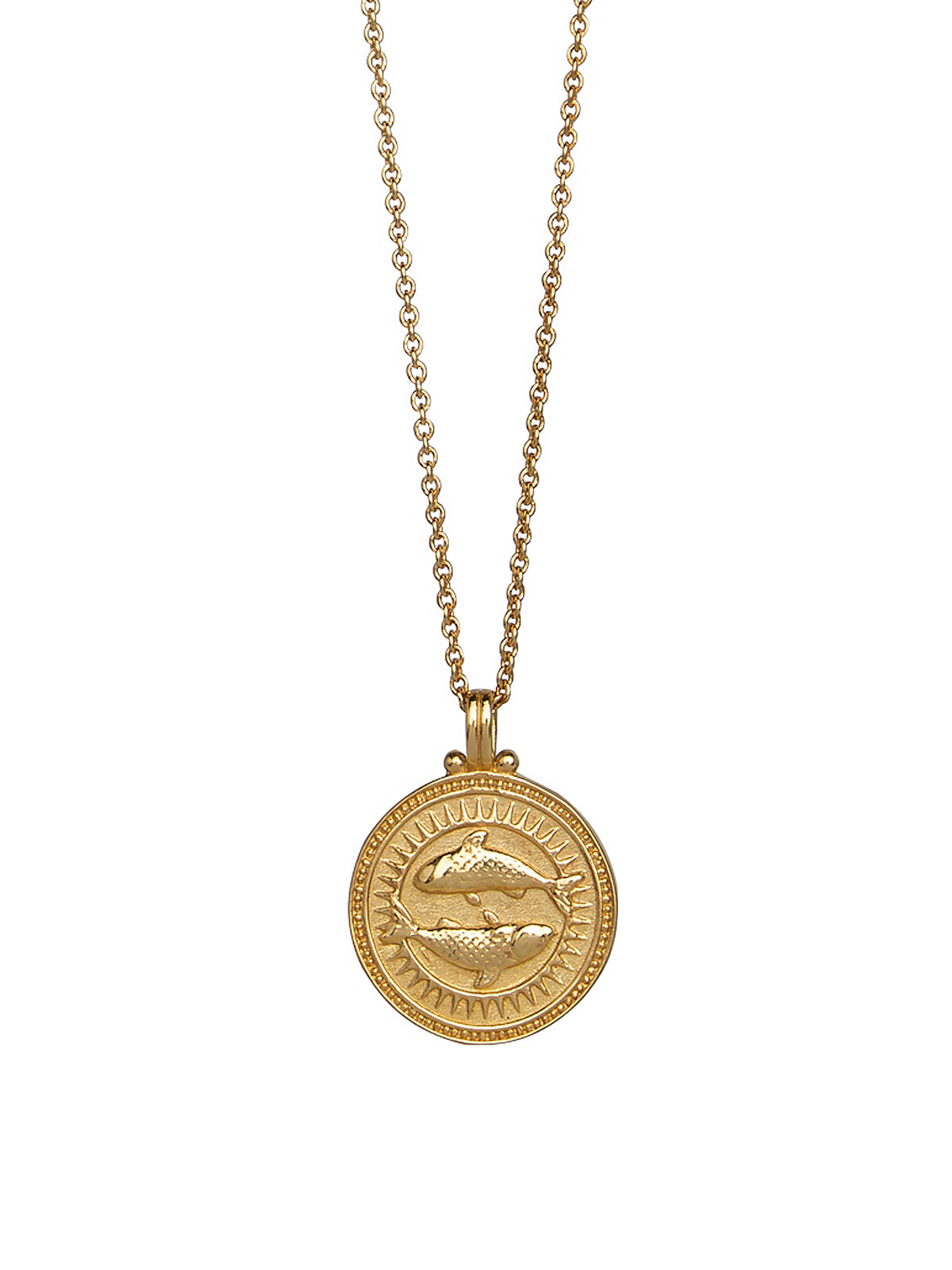 Pisces. 18ct Solid Gold Star Sign Necklace. The pendant features an Evil Eye on the back to ward off any naughty behavior aimed at you, Our logo and the 750 Hallmark for 18ct Gold.