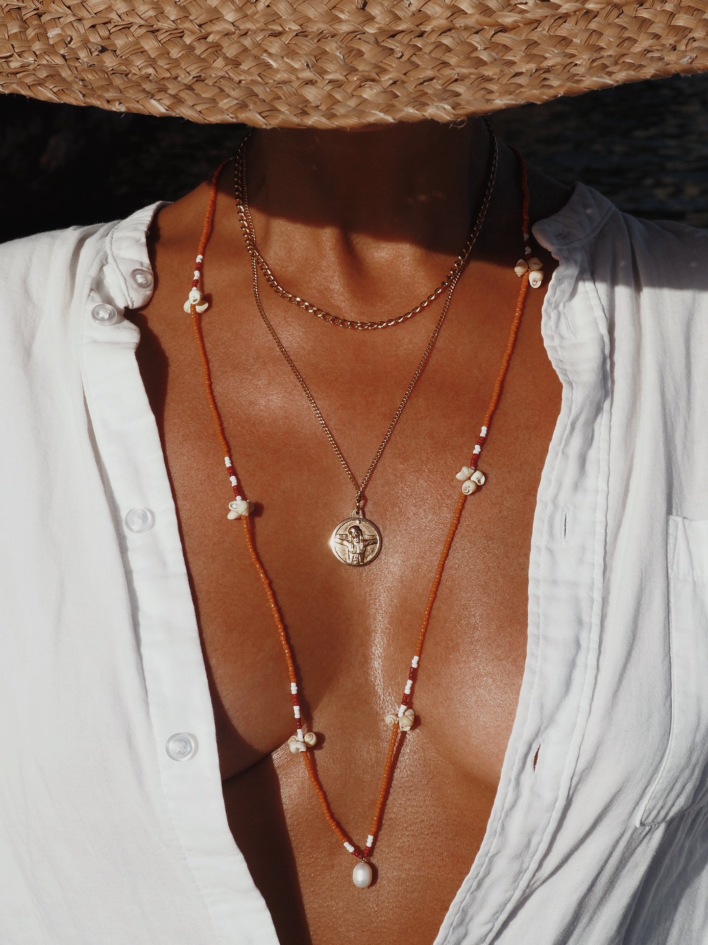 Beaded Necklace Orange, Sea Shells, Pearl, Gender Neutral