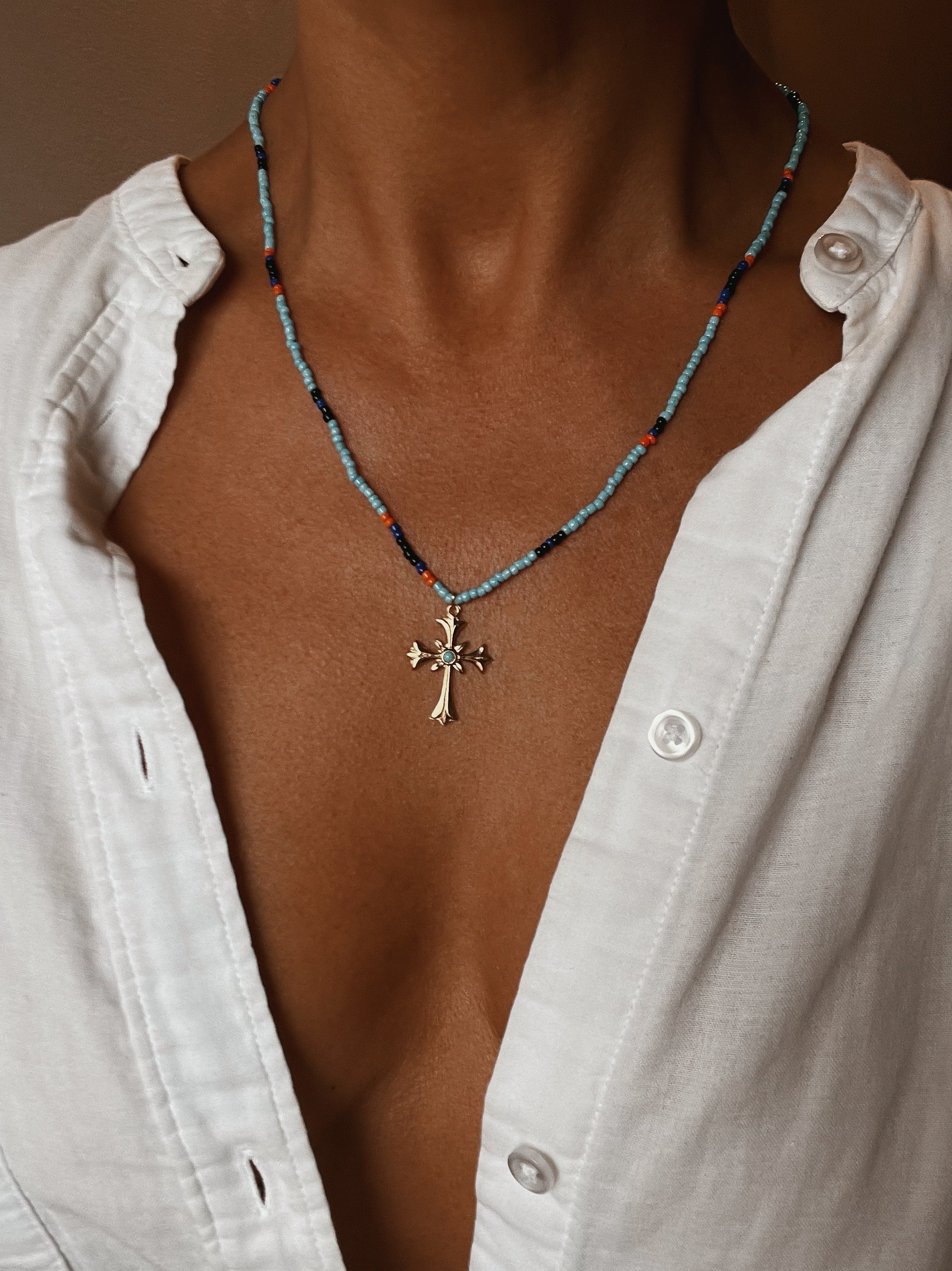 Multi Stone Turquoise Cross Necklace Boho Bohemia Jewelry Accessories for  Women Navajo Christian Gift TURQUOISE CROSS
