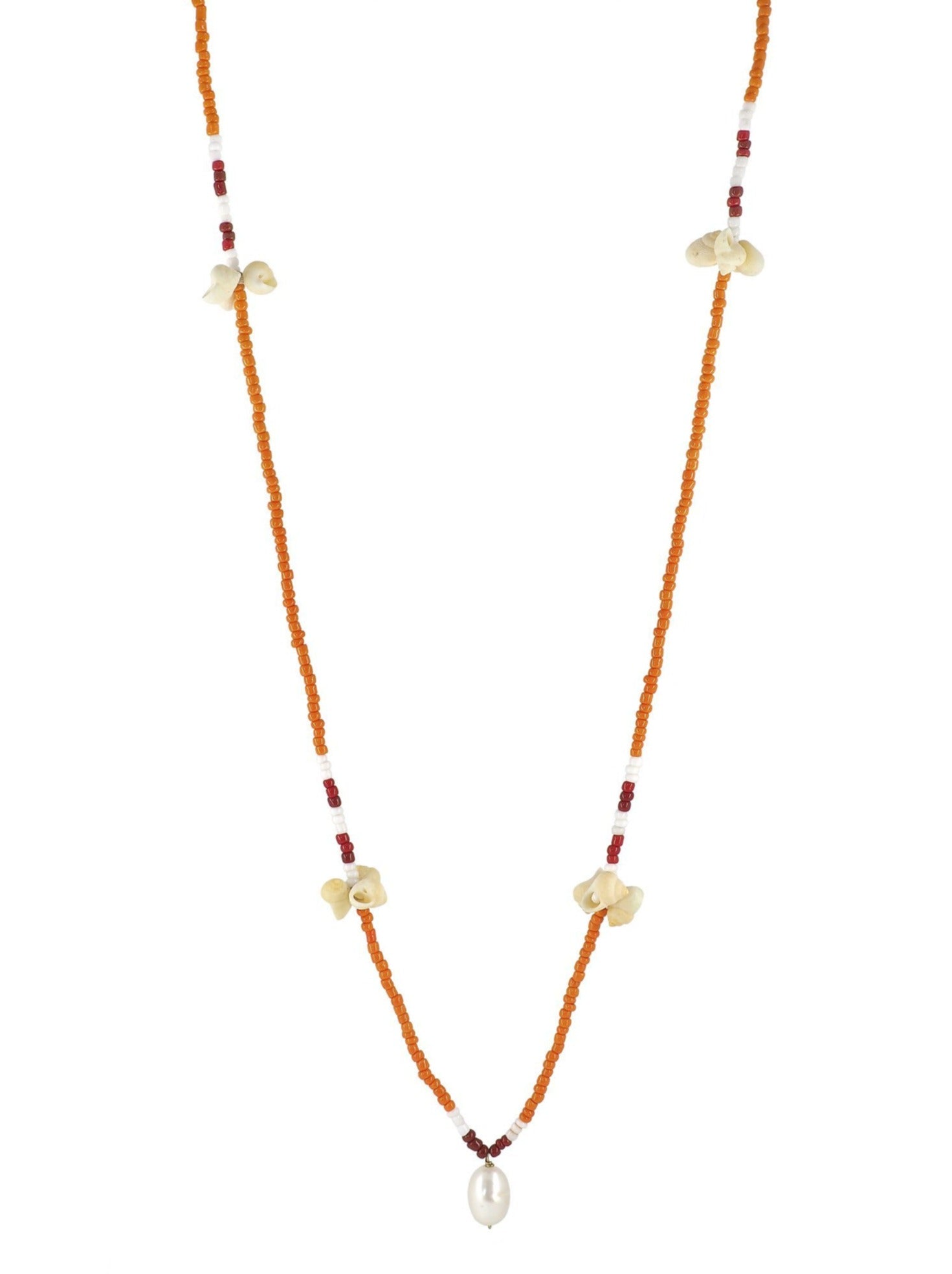 Beaded Necklace Orange, Sea Shells, Pearl, Gender Neutral